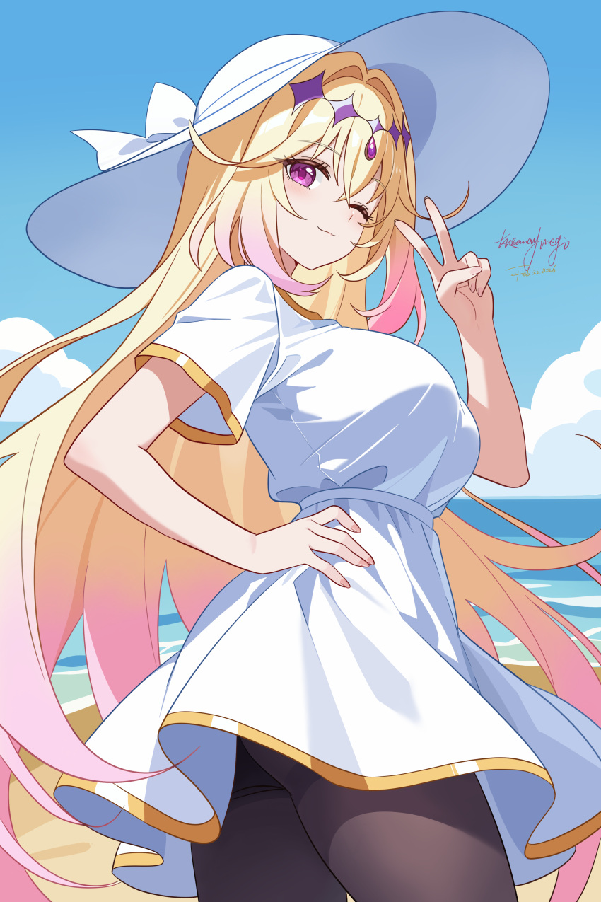 1girl, absurdres, airbus_a350xwb, black_pantyhose, blonde_hair, breasts, closed_mouth, commentary_request