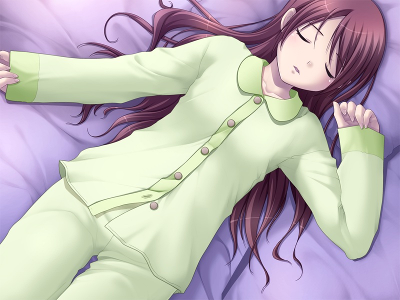 1girl, :o, alternate_hairstyle, arm_up, bed, bed_sheet, blanket, blush, breasts, brown_eyes, brown_hair, buttons, child, closed_eyes, collarbone, cowboy_shot, dress_shirt, drooling, dutch_angle, facing_viewer, fingernails, flat_chest, from_above, game_cg, green_pants, green_shirt, hair_down, hand_up, hayakawa_ayane, indoors, lips, long_hair, long_sleeves, lying, male_focus, messy_hair, nail_polish, nightgown, nonohara_miki, on_back, on_bed, open_mouth, outstretched_arm, outstretched_arms, pajamas, pajamas_pull, pants, parted_bangs, parted_lips, pillow, pink_hair, pink_nails, purple_hair, red_hair, saliva, shirt, shoukoujo, sleeping, sleepwear, sleepy, sleeves_past_wrists, small_breasts, solo, spread_arms, swept_bangs, tears, thigh_gap, unbuttoned, variant_set, very_long_hair, waking_up, yellow_pajamas