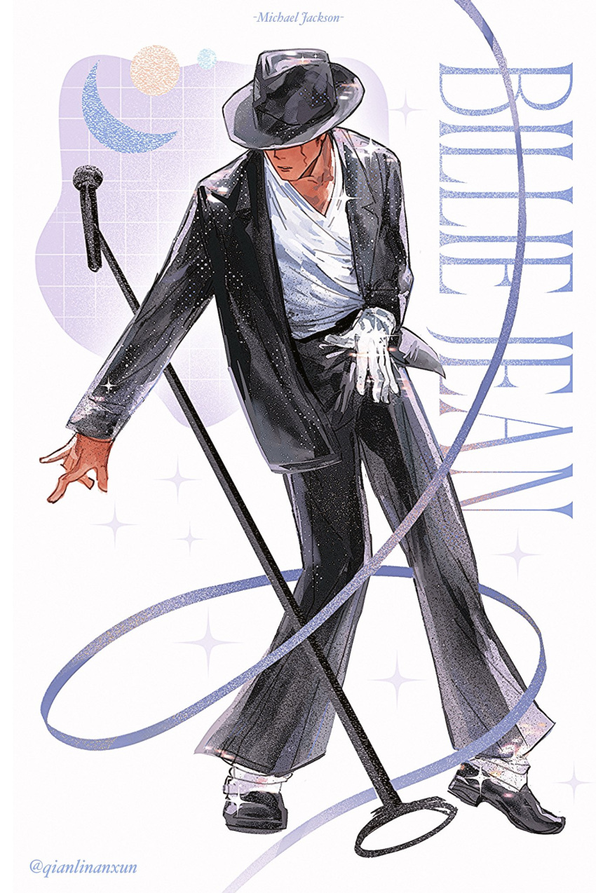 1boy, \m/, billie_jean, black_hat, black_pants, black_shoes, brown_hair, character_name