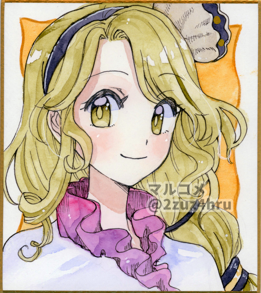 1girl, 2zuz4hru, black_hairband, blonde_hair, border, clam_shell_ornament, closed_mouth, commentary_request