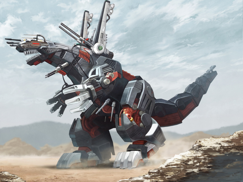 beam_cannon, claws, clouds, commentary, day, death_saurer, desert, dust