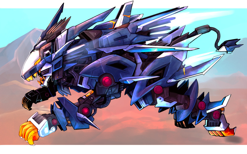 alternate_form, armor, blue_sky, claws, commentary, day, desert, fire, from_side, highres, joints, letterboxed, liger_zero, liger_zero_jager, mecha, mecha_focus, mechanical_tail, mountain, no_humans, no_pupils, open_mouth, orange_eyes, robot, robot_joints, running, science_fiction, shoulder_armor, sky, tail, thrusters, vegs, zoids, zoids_shinseiki/zero