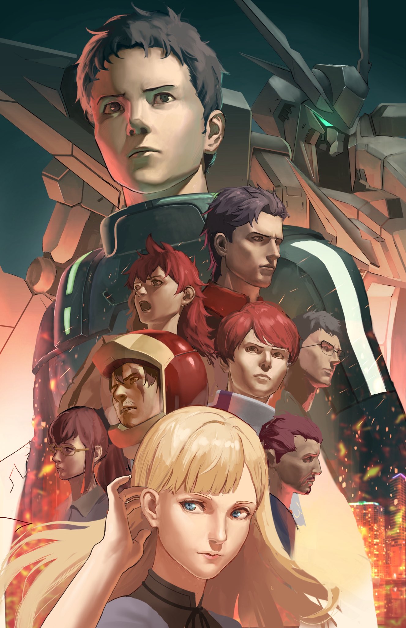 3girls, 6+boys, adjusting_hair, anteiru, black_bodysuit, black_eyes, black_hair, blonde_hair, blue_eyes, bodysuit, brown_eyes, brown_hair, clenched_teeth, closed_mouth, commentary_request, embers, emerelda_zubin, facial_hair, gass_huguest, gawman_nobile, gigi_andalusia, glasses, glowing, glowing_eye, green_eyes, gundam, gundam_hathaway's_flash, hair_between_eyes, hathaway_noa, helmet, highres, hundley_yeoksan, kenneth_sleg, lane_aim, long_hair, looking_to_the_side, mecha, mecha_pilot_suit, mihessia_hence, mobile_suit, multiple_boys, multiple_girls, mustache, normal_suit_(gundam), open_mouth, pilot_helmet, ponytail, purple_hair, red_hair, robot, scar, scar_across_eye, scar_on_face, science_fiction, short_hair, sideways_glance, teeth, tucking_hair, v-fin, very_short_hair, xi_gundam