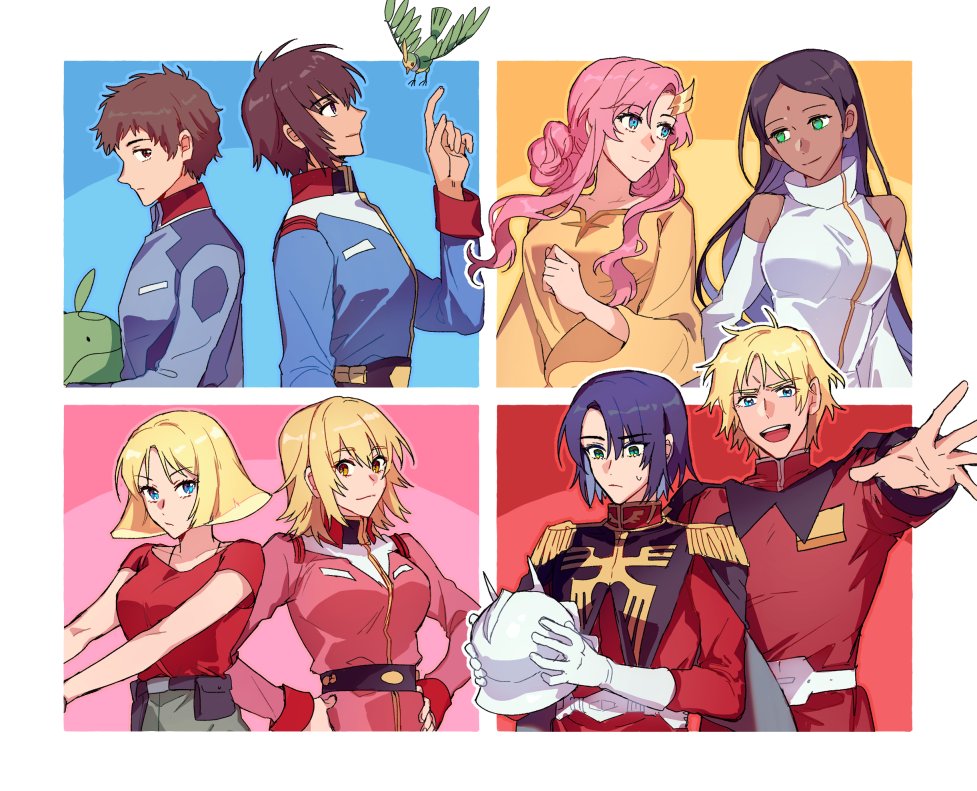 4boys, 4girls, amuro_ray, amuro_ray_(cosplay), athrun_zala, athrun_zala_(cosplay), black_hair, blonde_hair