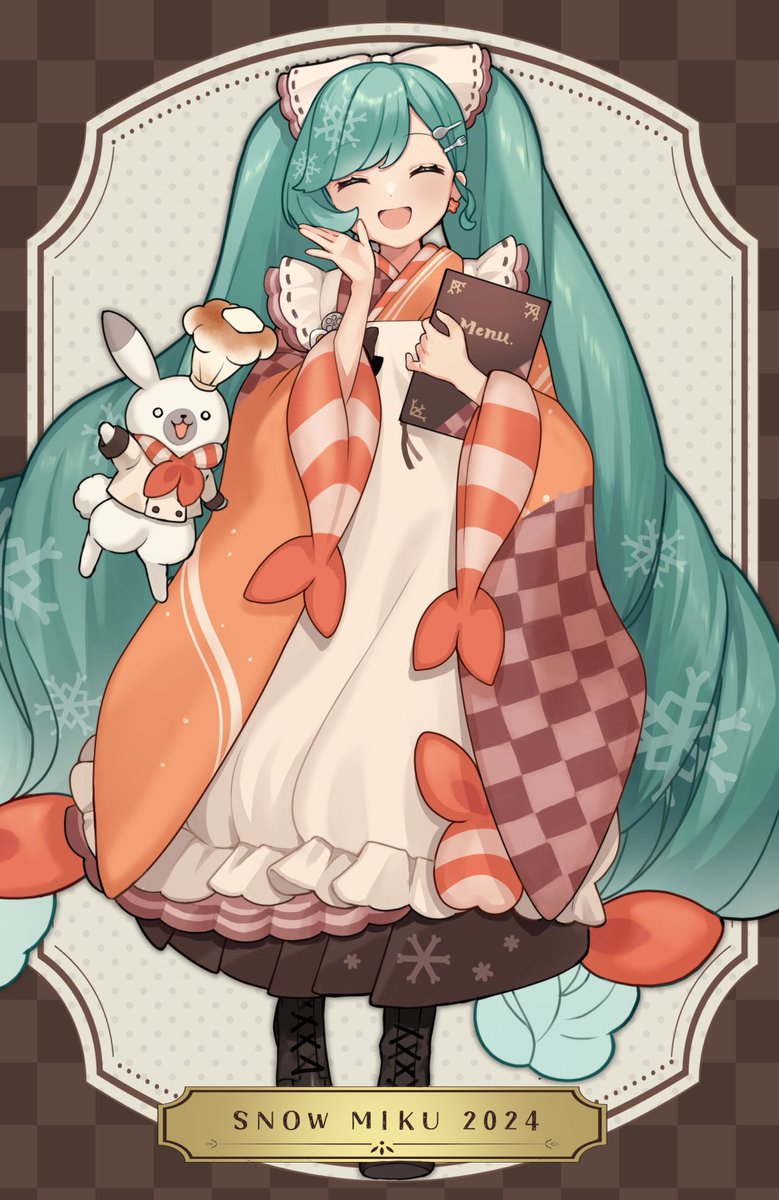 1girl, 1other, apron, badge, bell_pepper, binchou_maguro, blush, bow