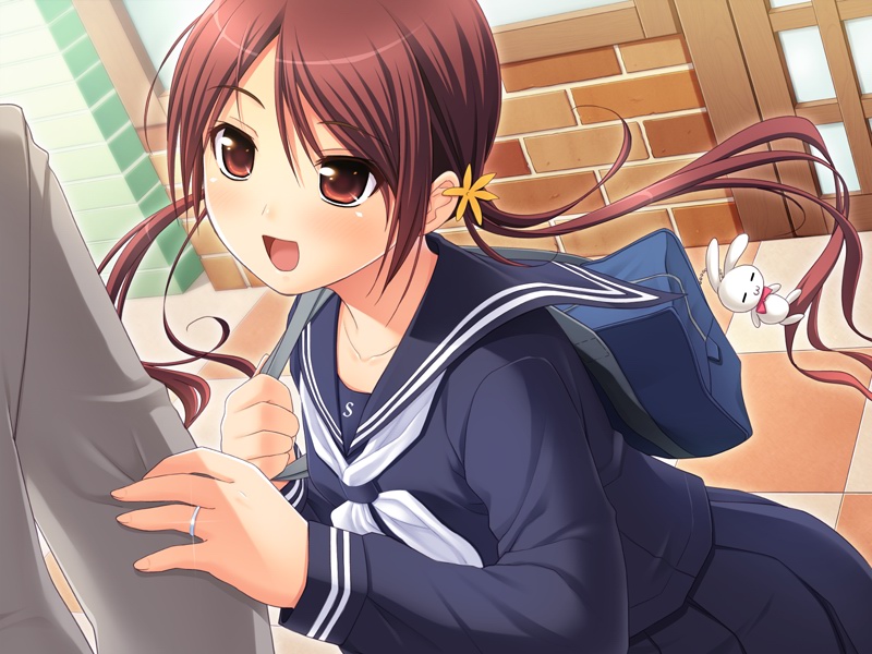 1boy, 1girl, bag, brown_eyes, brown_hair, game_cg, hair_ornament, hayakawa_ayane