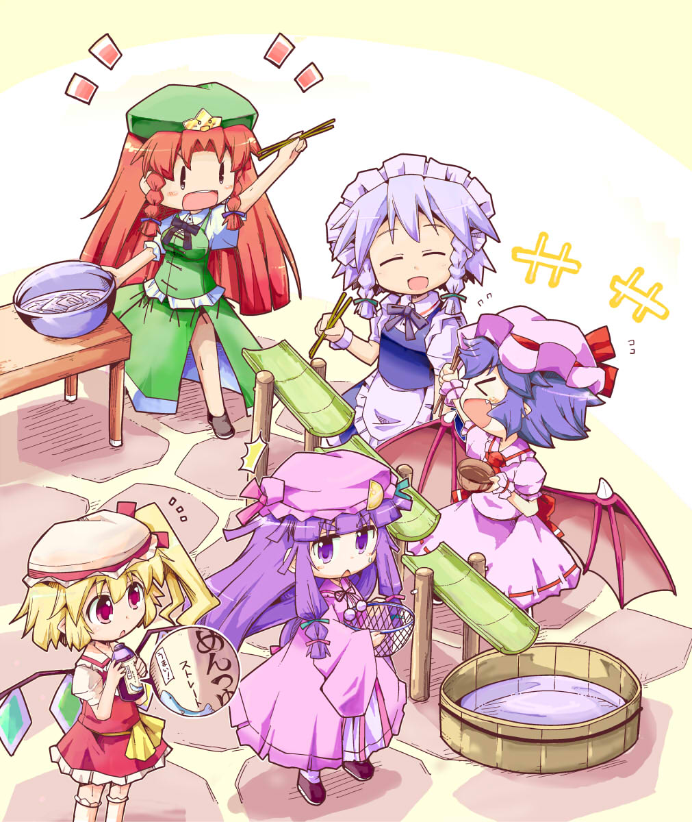 >_<, ascot, bamboo, blonde_hair, blush_stickers, bow, bowl, braid