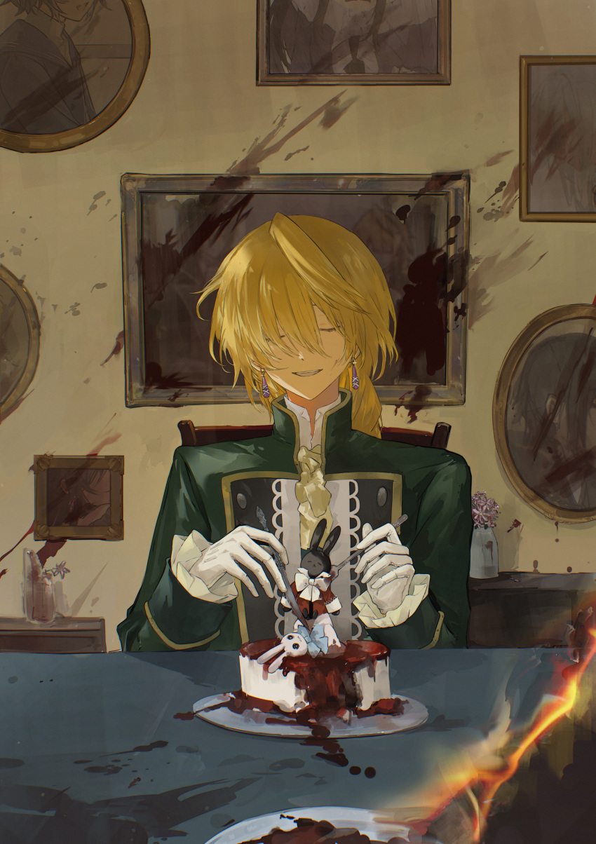 absurdres, b-rabbit, blonde_hair, blood, blood_on_food, blood_splatter, blood_stain, braid