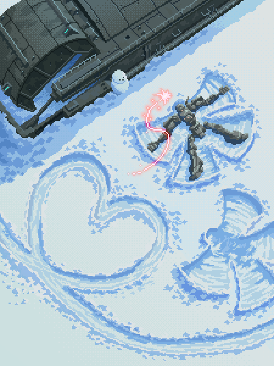 621_(armored_core_vi), armored_core, armored_core_vi:_fires_of_rubicon, ayre_(armored_core_vi), bird's_eye_view, commentary_request, from_above, highres, kingyohashioki, loader_4, lying, mecha, no_humans, on_back, outstretched_arms, pixel_art, robot, science_fiction, snow, snow_angel, snowman, spread_arms, winter