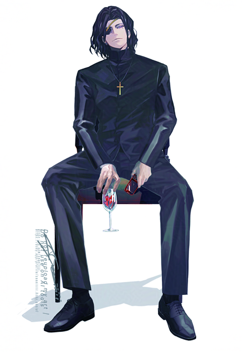 1boy, alcohol, black_hair, black_pants, black_shoes, blue_eyes, boxcutter, chair