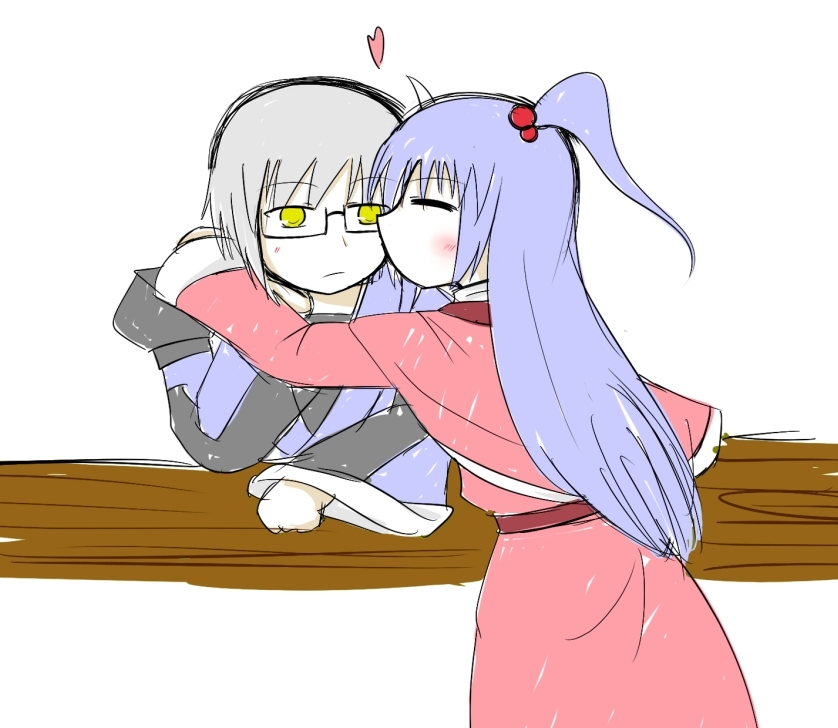 blue_hair, blush, closed_eyes, dress, glasses, heart, hug, kiss, kita_(higan), long_hair, long_sleeves, morichika_rinnosuke, open_eyes, pink_dress, shinki, short_hair, side_ponytail, silver_hair, simple_background, touhou, yellow_eyes