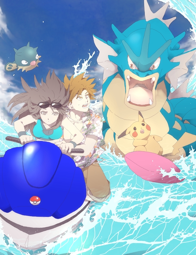 1boy, 1girl, blue_(pokemon), brown_hair, cloud, gyarados, hawaiian_shirt, jewelry, leaf_(pokemon), necklace, ocean, ookido_green, ookido_green_(frlg), pikachu, poke_ball, pokemon, pokemon_(creature), pokemon_(game), pokemon_firered_and_leafgreen, pokemon_frlg, pokemon_rgby, pokemon_special, qwilfish, rotasu, sea, sky, sunglasses, surfboard, surfing, water, wave, waves, waving