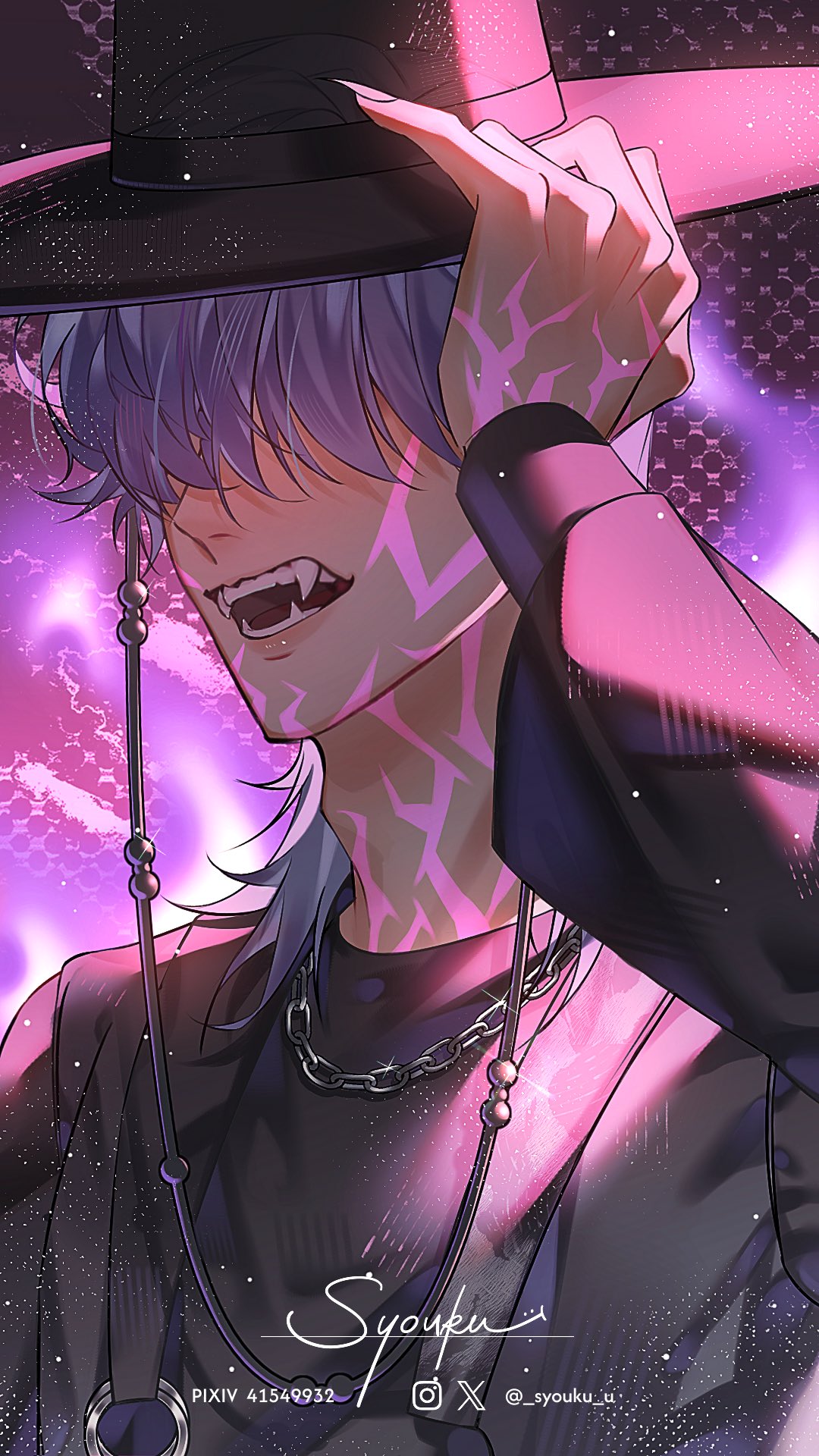 1boy, black_hanbok, chain, demon, fangs, fingernails, gat_(hat), grey_hair