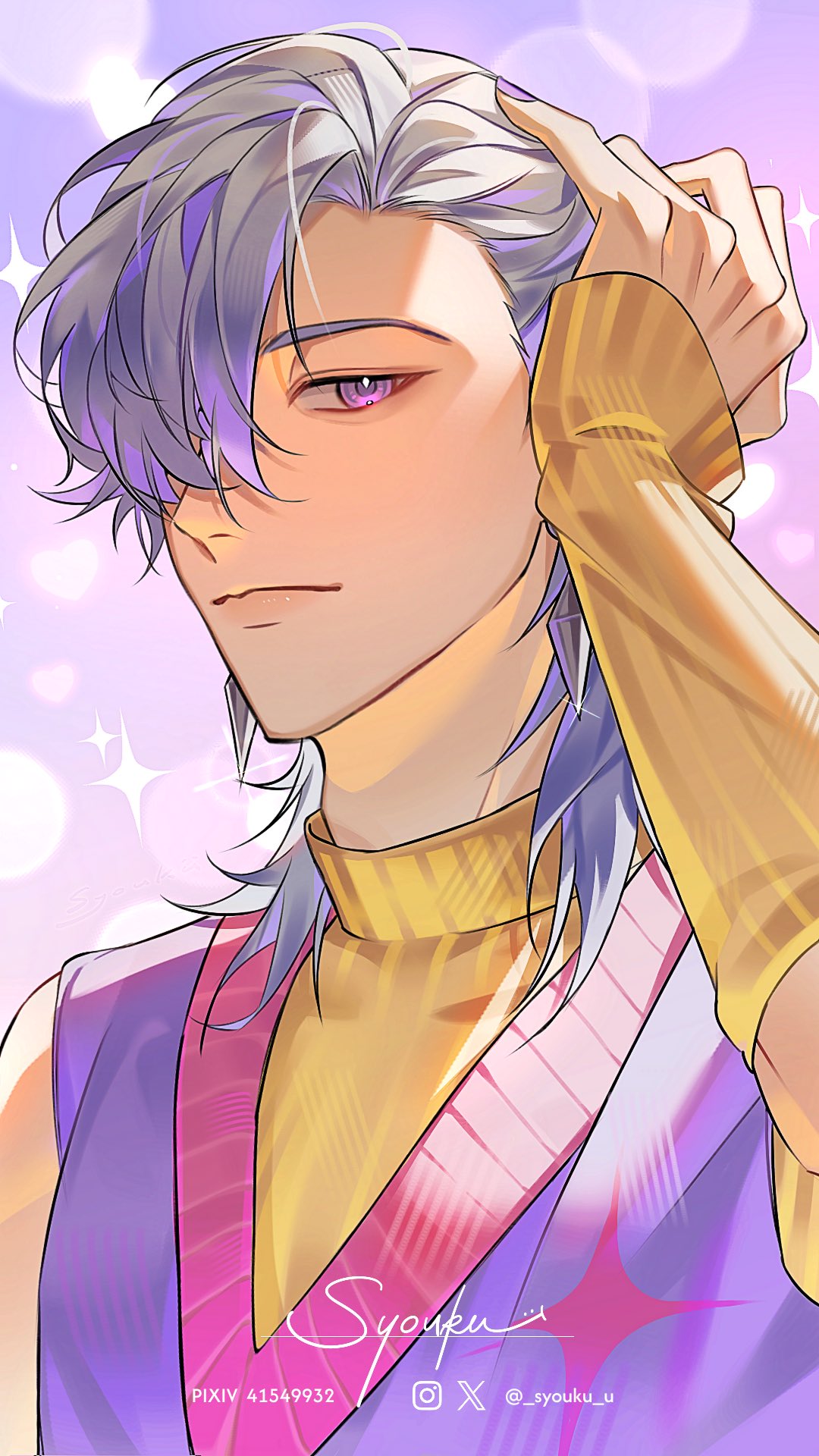 1boy, closed_mouth, grey_hair, hair_over_one_eye, hashtag-only_commentary, highres, instagram_username, kpop_demon_hunters