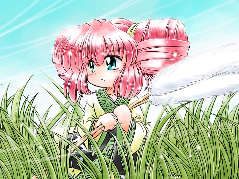 1girl, bad_id, blue_eyes, blue_sky, cowboy_shot, day, double_bun, grass