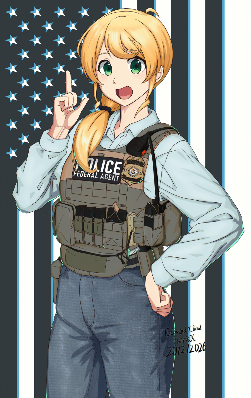 1girl, absurdres, american_flag, american_flag_background, blonde_hair, body_armor, commentary, dated