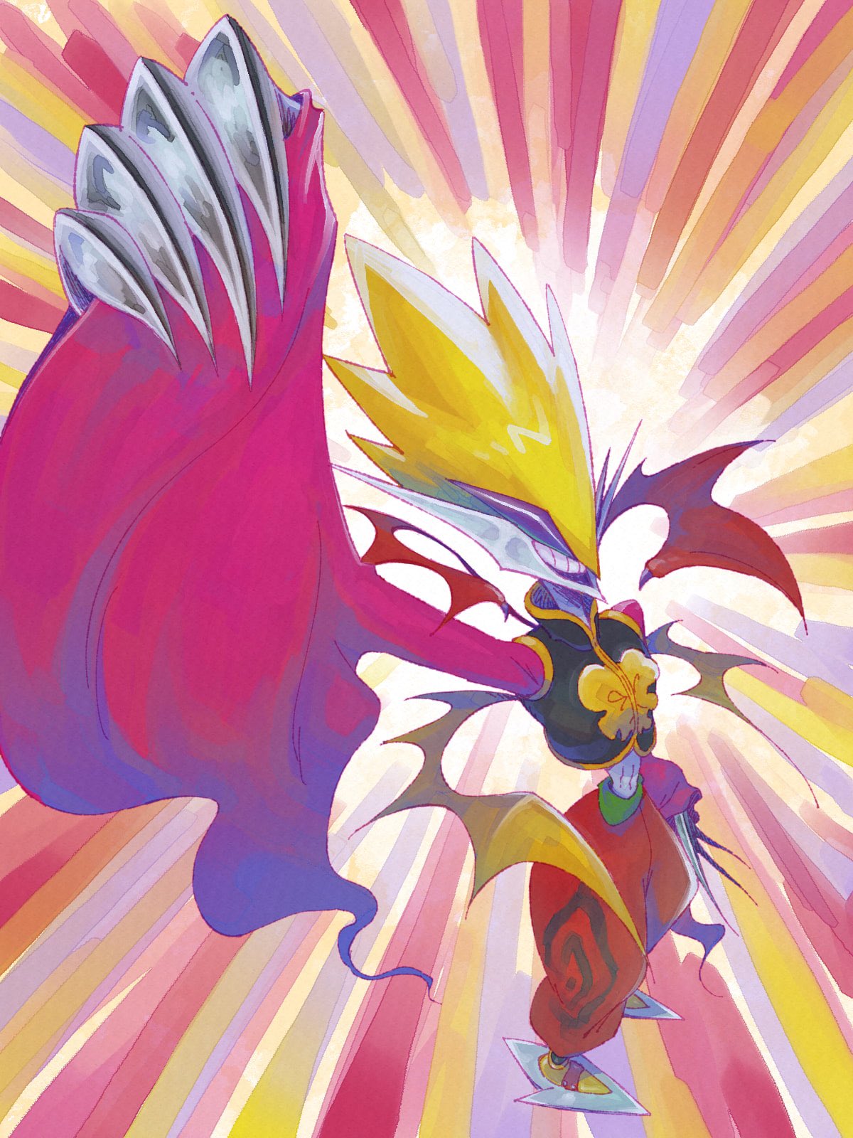 1other, abstract_background, black_shirt, blonde_hair, claws, commentary_request, digimon, digimon_(creature)