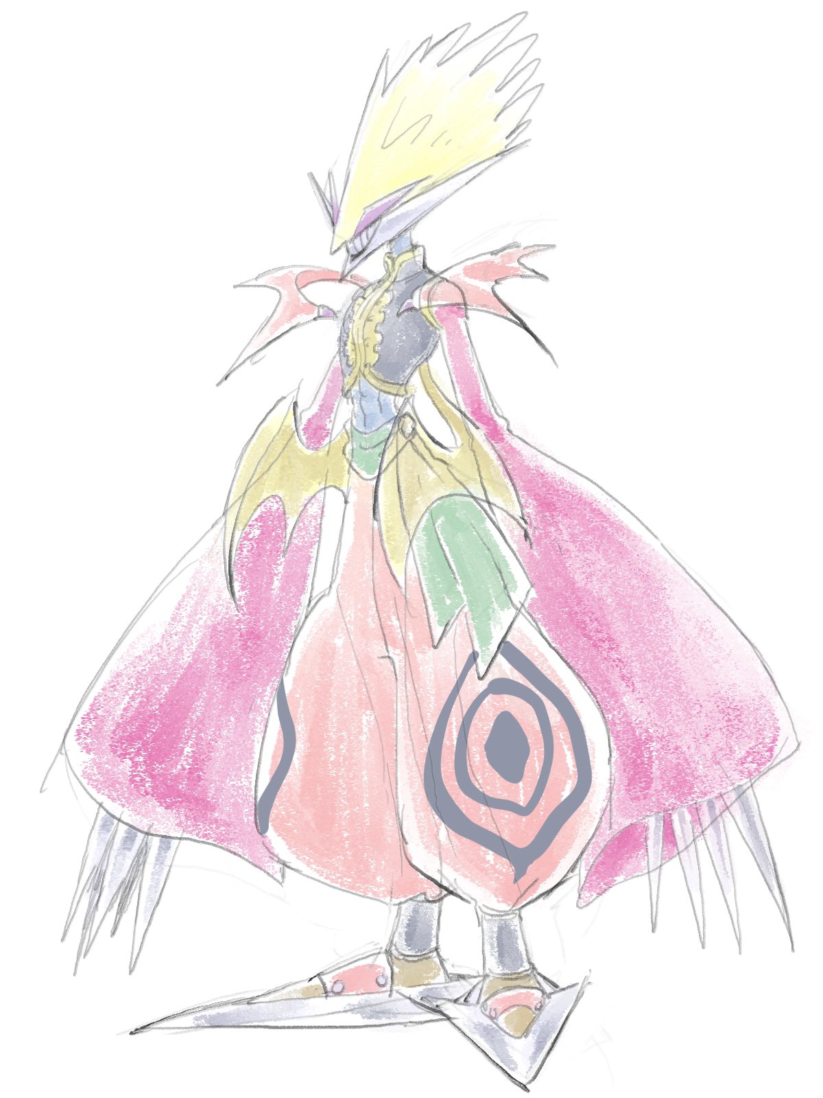 bat_wings, blonde_hair, claws, commentary, digimon, digimon_(creature), digimon_focus, full_body, grin, highres, hoisotsu01, long_claws, matadrmon, metal_shoes, pants, pink_sleeves, puffy_pants, red_pants, simple_background, smile, solo, standing, teeth, white_background, wings, yellow_wings