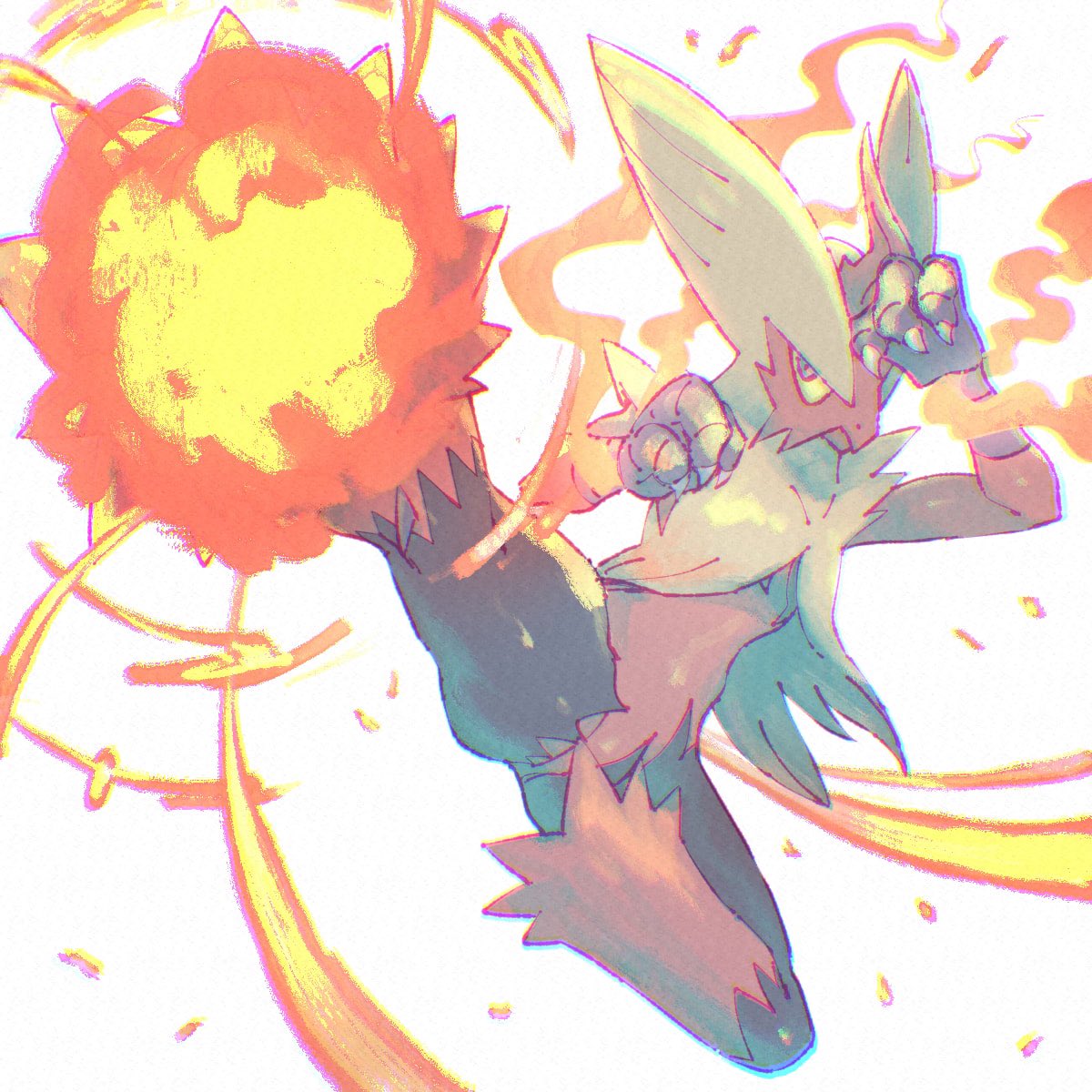 beak, blaze_kick_(pokemon), blaziken, blue_eyes, claws, closed_mouth, colored_sclera, commentary_request