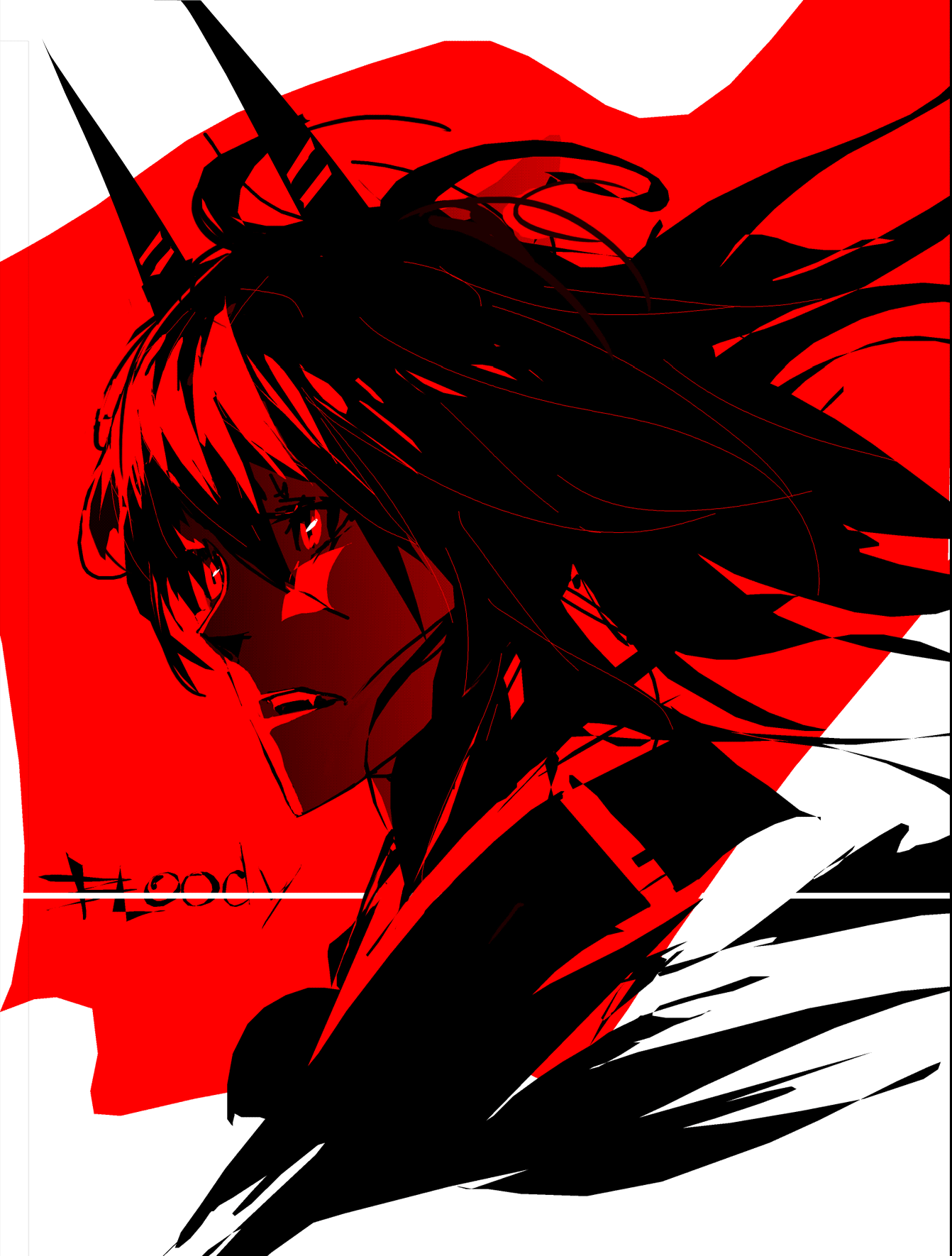 bad_id, collider-sama_(arsenixc), english, fang, highres, horns, long_hair, monochrome, oekaki, original, portrait, profile, red, solo, spot_color