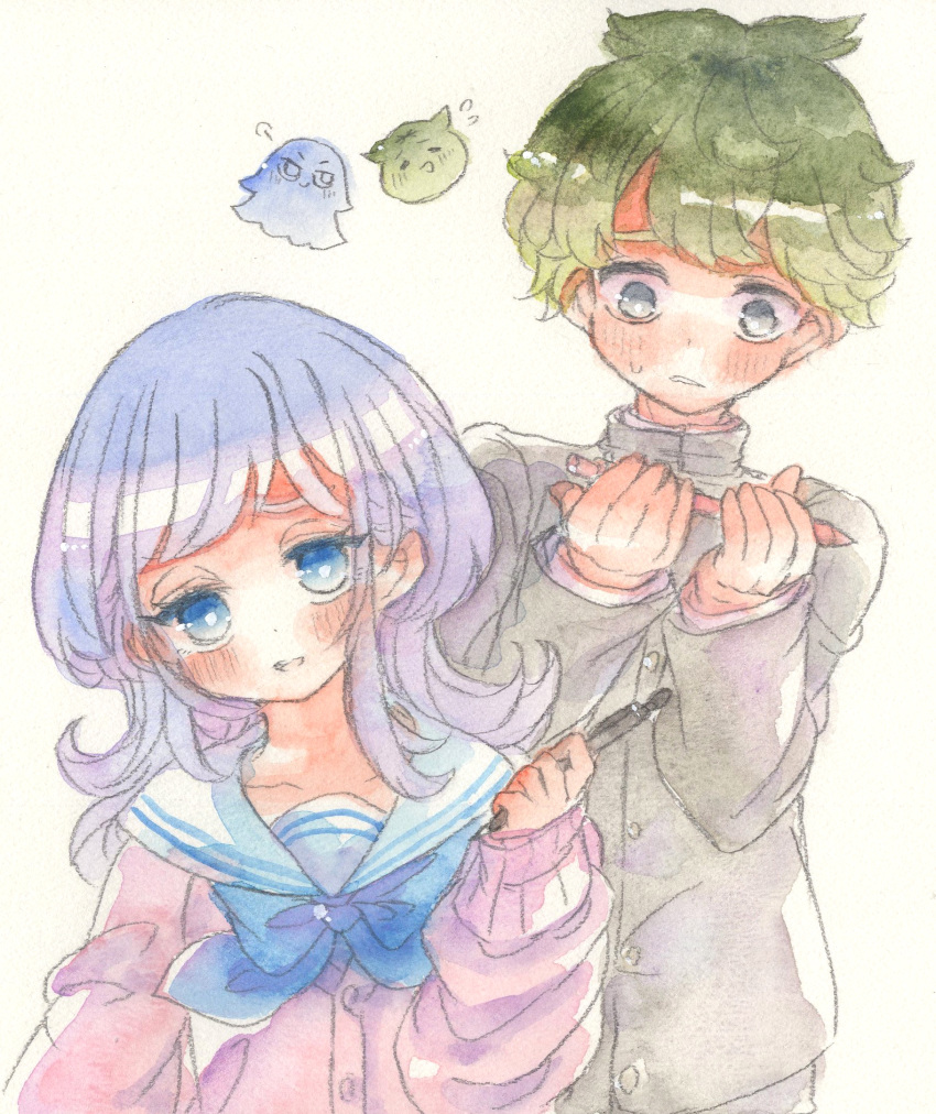 1boy, 1girl, blue_eyes, blush, chibi, commentary_request, faux_traditional_media, fina_(sa47rin5)