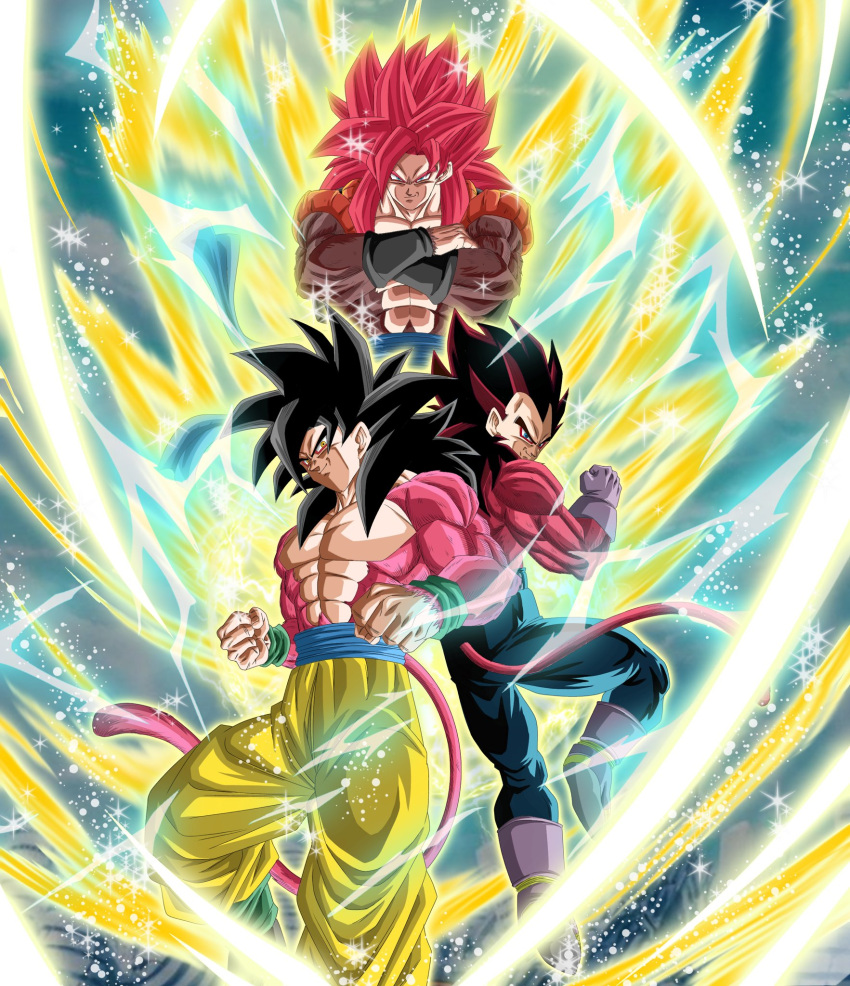 blue_eyes, blue_sash, body_fur, commentary_request, dragon_ball, dragon_ball_gt, dragon_ball_z_dokkan_battle, gogeta, highres, long_hair, looking_at_viewer, male_focus, metamoran_vest, monkey_boy, monkey_tail, multiple_boys, muscular, muscular_male, pants, pectorals, red_fur, red_hair, ryocchimen0508, saiyan, sash, smile, son_goku, spiky_hair, super_saiyan, super_saiyan_4, tail, vegeta, vest, white_pants