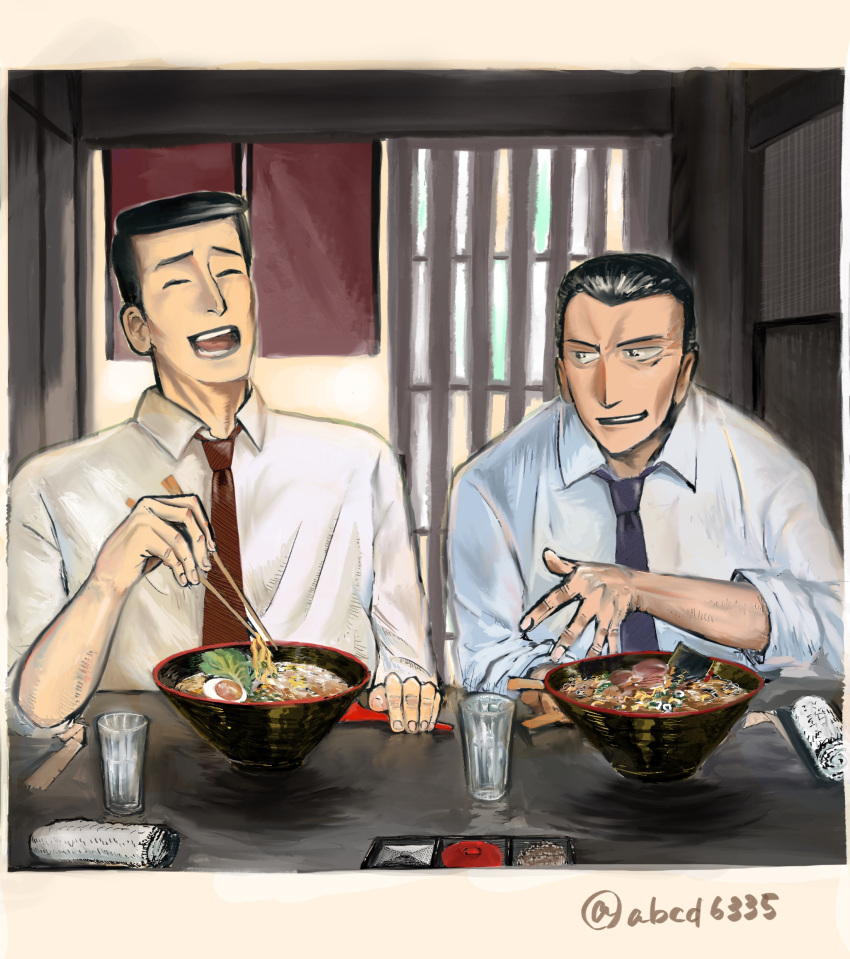 2boys, abcd6335, aged_up, black_necktie, chopsticks, cup, eating, father_and_son, food, hair_slicked_back, highres, holding, holding_chopsticks, ietani_ichiro, ietani_kotaro, indoors, koukousei_kazoku, laughing, male_focus, multiple_boys, necktie, noodles, ramen, ramen_stand, red_necktie, sitting, twitter_username