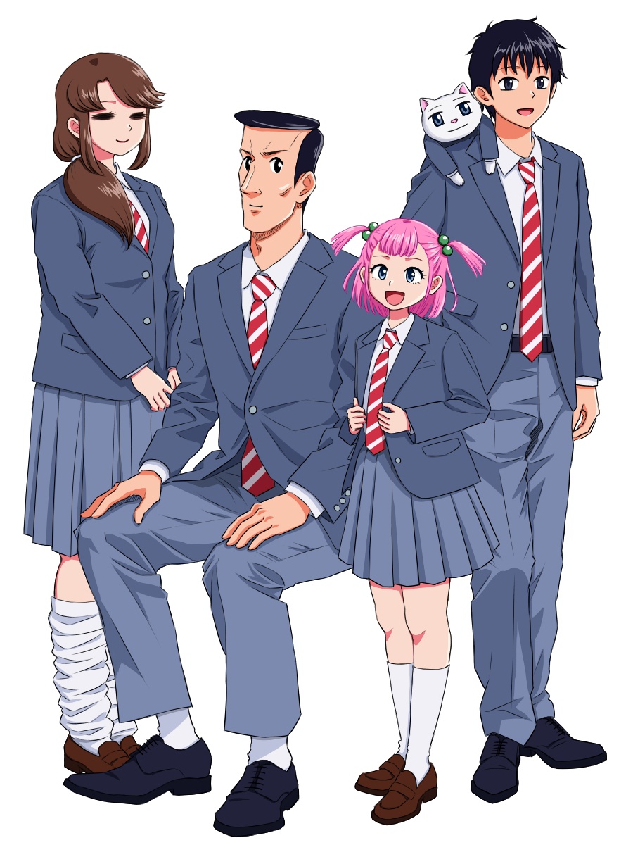 2boys, 2girls, :d, animal_on_shoulder, black_eyes, black_hair, blazer, blue_eyes