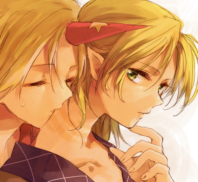 blonde_hair, close-up, closed_eyes, collarbone, eyes_closed, face, green_eyes, hands