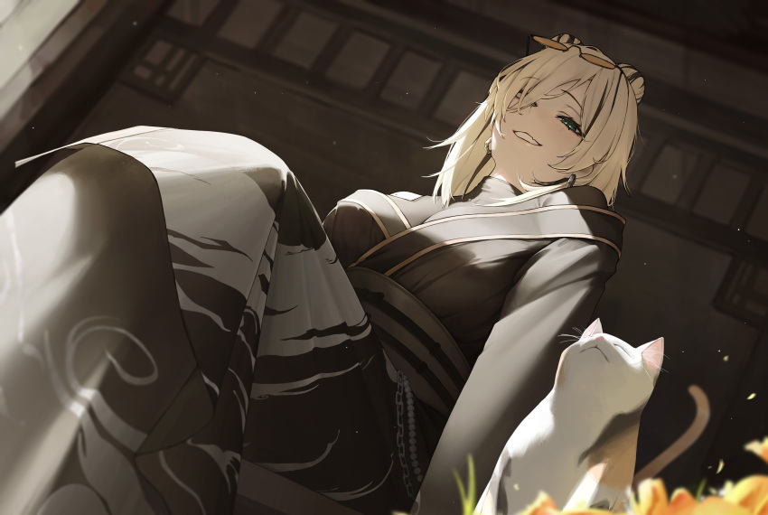 1girl, absurdres, black_bodystocking, black_kimono, black_streaks, blonde_hair, breasts, cat, double_bun, edwin62293123, eyewear_on_head, from_below, grin, hair_bun, hashtag-only_commentary, highres, hololive, japanese_clothes, kimono, koganei_niko, koganei_niko_(new_year), large_breasts, long_hair, looking_at_viewer, multicolored_hair, obi, off_shoulder, official_alternate_costume, official_alternate_hairstyle, parted_bangs, print_kimono, sash, sitting, skin_tight, smile, solo, streaked_hair, sunglasses, virtual_youtuber