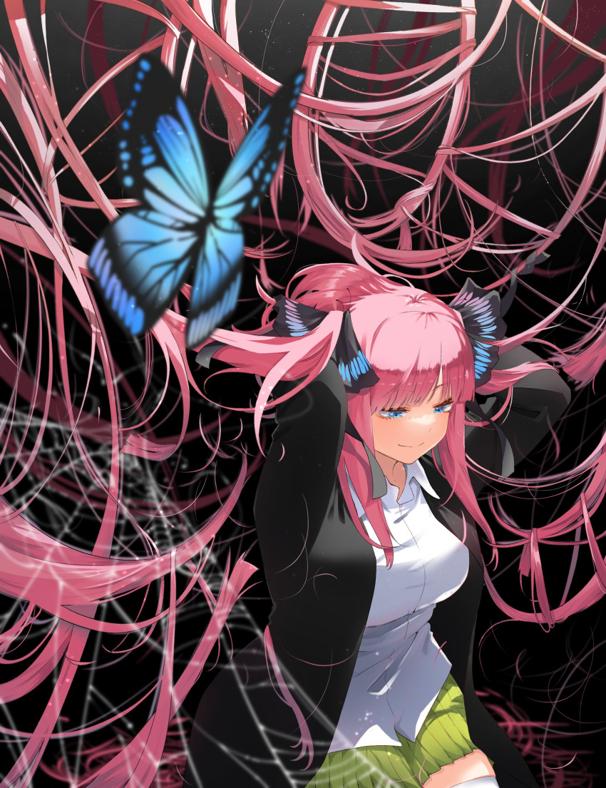 1girl, absurdres, black_background, black_jacket, blue_eyes, blurry, blurry_foreground, breasts