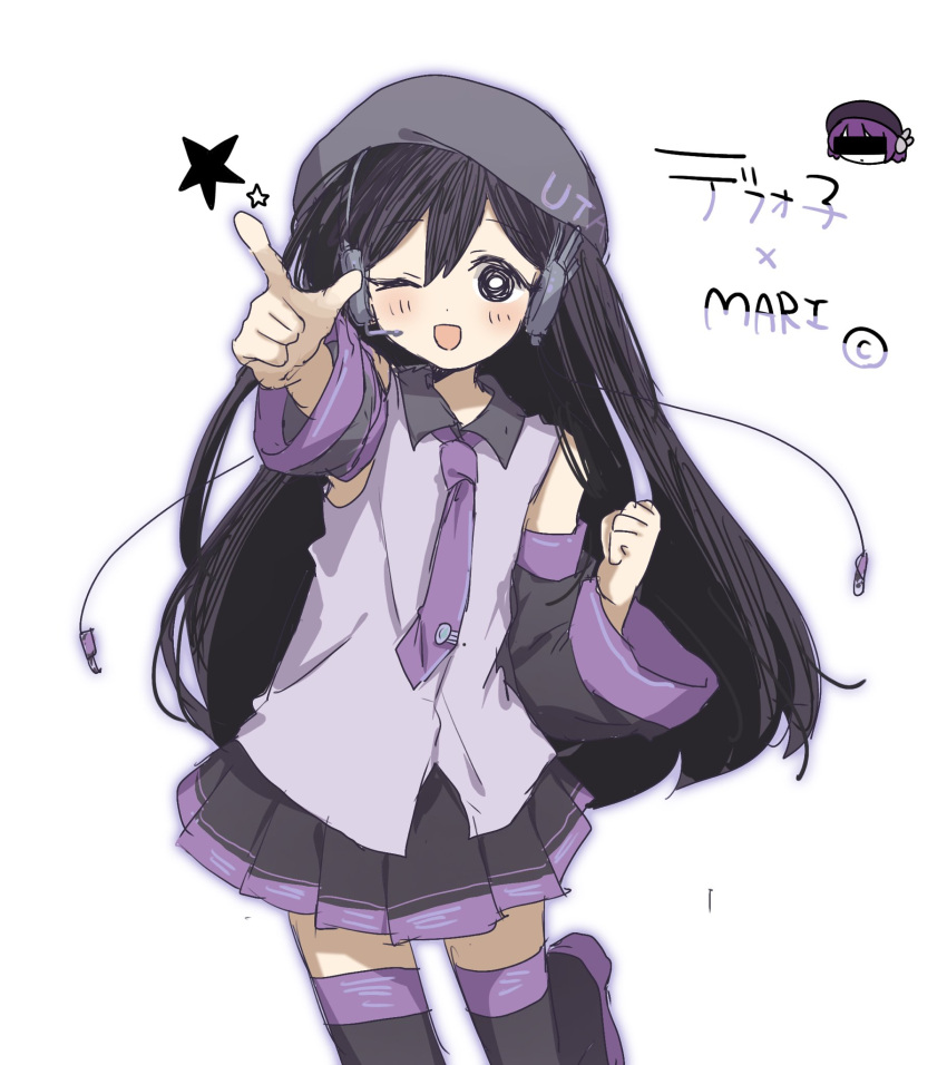 1girl, ;d, alternate_breast_size_(smaller), bare_shoulders, black_boots, black_eyes, black_skirt, black_sleeves