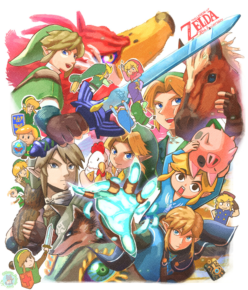 6+boys, absurdres, animal, anniversary, bird, black_eyes, blonde_hair, blue_eyes
