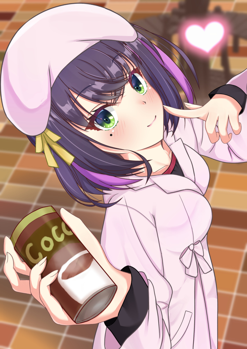 1girl, axl11hikari, beret, black_hair, blurry, blurry_background, blush, bow