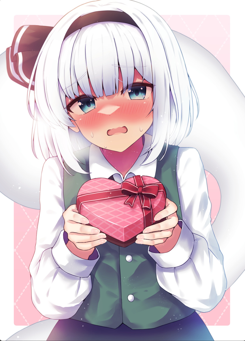 1girl, absurdres, black_hairband, black_ribbon, blue_eyes, blunt_bangs, blush, bob_cut, border, box, box_of_chocolates, collared_shirt, commentary_request, embarrassed, gift, gift_box, green_skirt, green_vest, hair_ribbon, hairband, heart-shaped_box, highres, holding, holding_box, holding_gift, incoming_gift, kominato_haru, konpaku_youmu, long_sleeves, looking_at_viewer, nose_blush, open_mouth, ribbon, shirt, short_hair, skirt, solo, touhou, valentine, vest, wavy_mouth, white_border, white_hair, white_shirt