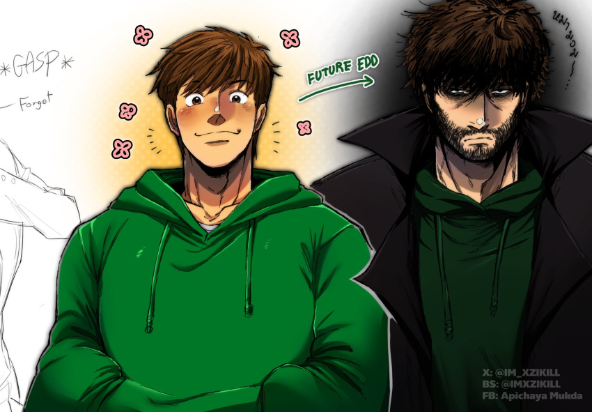 2boys, age_comparison, animification, arrow_(symbol), bags_under_eyes, beard, black_coat, blush