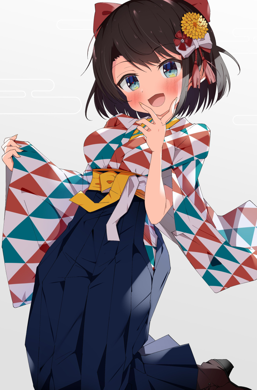 1girl, absurdres, blue_eyes, blue_hakama, blue_skirt, bob_cut, boots, bow, braid, breasts, brown_boots, brown_hair, commentary_request, detached_sleeves, flower, foot_on_own_face, furisode_sleeves, gradient_background, grey_background, hair_bow, hair_flower, hair_ornament, hakama, hakama_skirt, half_up_braid, high-waist_skirt, high_heel_boots, high_heels, highres, hololive, japanese_clothes, kanzashi, kimono, kuno_(kc9s), looking_at_viewer, medium_breasts, official_alternate_costume, official_alternate_hairstyle, oozora_subaru, oozora_subaru_(new_year), open_mouth, pinching_sleeves, pleated_skirt, print_kimono, red_bow, short_hair, simple_background, skirt, solo, swept_bangs, uroko_(pattern), virtual_youtuber, wide_sleeves