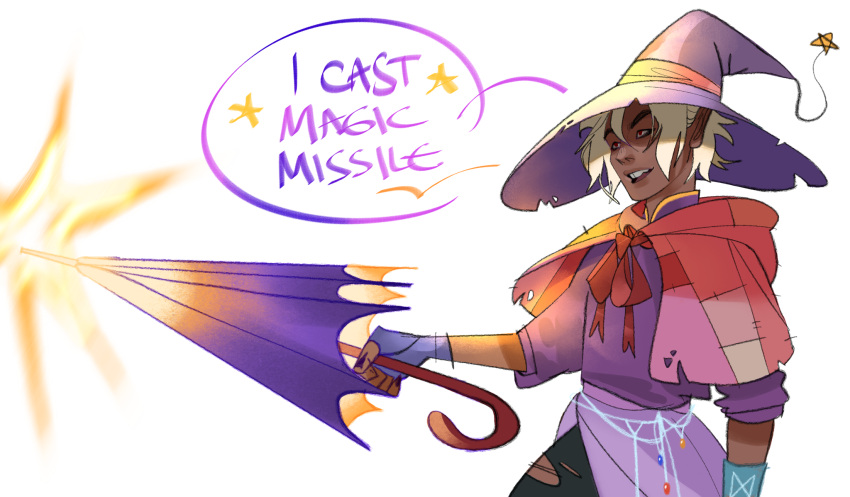 1boy, blonde_hair, dark-skinned_male, dark_skin, design_speculation, elf, fantasy, girly_boy, hat, highres, holding, holding_umbrella, long_pointy_ears, male_focus, official_alternate_skin_color, pointy_ears, smile, speech_bubble, taako_(the_adventure_zone), the_adventure_zone, tooth_gap, umbrella, vickah, witch_hat