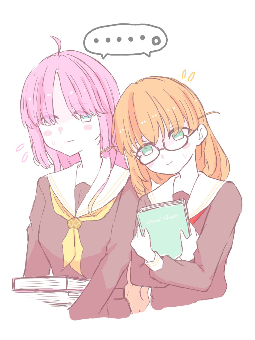2girls, ahoge, alternate_universe, anyoji_hime, blonde_hair, blue_eyes, blush_stickers, book