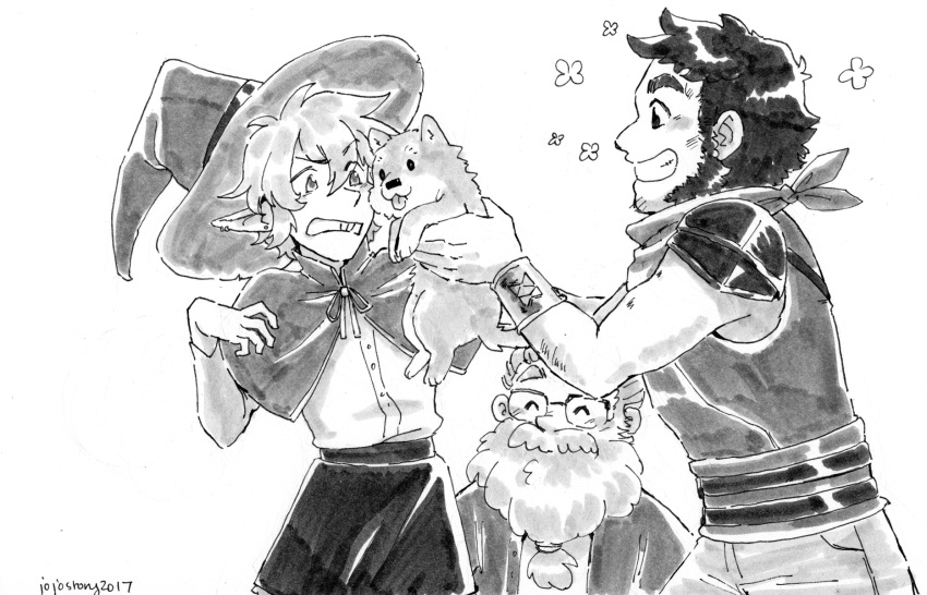 3boys, armor, buck_teeth, commentary, dog, dwarf, elf, english_commentary