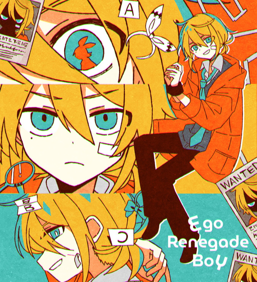 1boy, 1girl, aqua_eyes, aqua_necktie, arusechika, black_pants, black_shoes, blonde_hair, bow, bow_hairband, closed_mouth, commentary_request, cuffs, ego_renegade_boy_(vocaloid), eye_reflection, grin, hairband, hand_mirror, handcuffs, highres, jacket, kagamine_len, kagamine_rin, low_ponytail, mirror, necktie, orange_jacket, pants, ponytail, reflection, shoes, smile, unworn_hairband, vocaloid, wanted_poster, white_bow