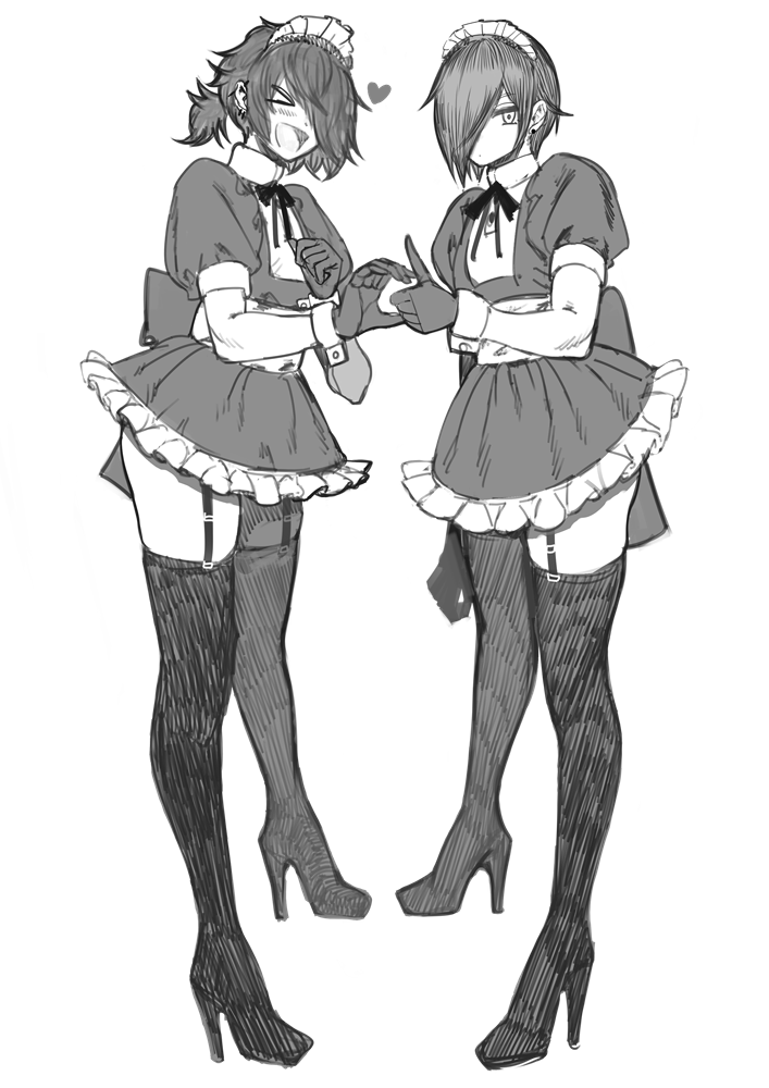 2boys, 2n5, androgynous, boots, commentary, crossdressing, crossdressing_(mtf), dress