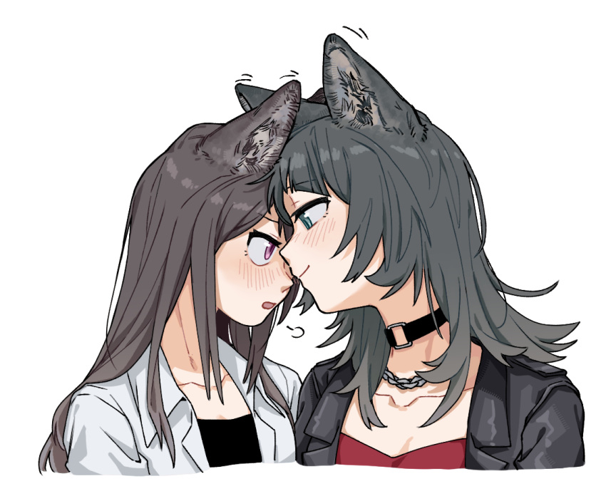 2girls, animal_ear_fluff, animal_ears, bang_dream!, bang_dream!_it's_mygo!!!!!, black_collar, black_hair, black_jacket, black_shirt, blue_eyes, blush, chain, chain_necklace, closed_mouth, collar, collarbone, commentary, criangle_k., eye_contact, forehead-to-forehead, hair_between_eyes, half-closed_eye, heads_together, jacket, jewelry, kemonomimi_mode, long_hair, looking_at_another, looking_down, looking_up, motion_lines, multiple_girls, necklace, open_mouth, pink_eyes, puff_of_air, raised_inner_eyebrows, red_shirt, shiina_taki, shirt, simple_background, smile, untranslatable_commentary, upper_body, white_background, white_jacket, wolf_ears, wolf_girl, yahata_umiri, yuri