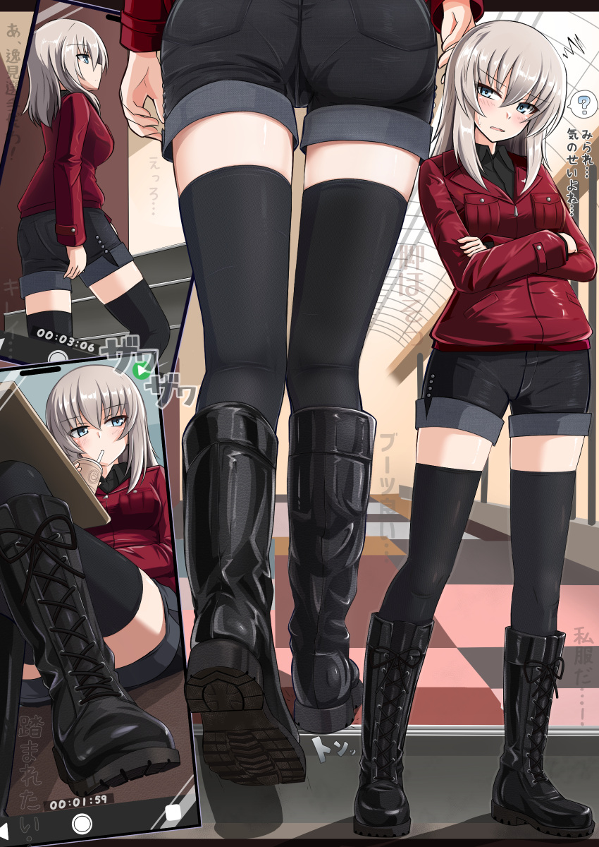 1girl, ?, absurdres, ass, black_boots, black_shorts, black_thighhighs, blue_eyes