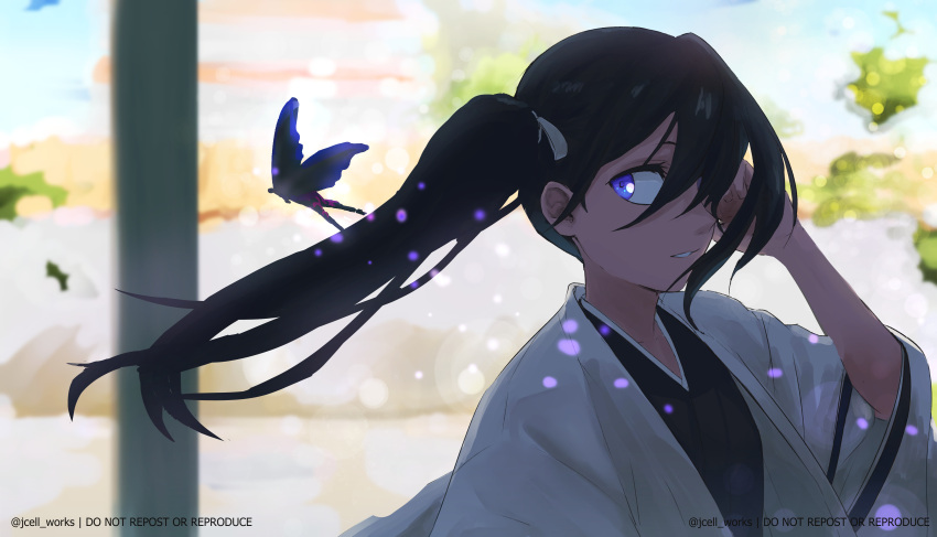 1girl, absurdres, black_hair, bleach, bleach:_epilogue, blue_eyes, blurry, blurry_background