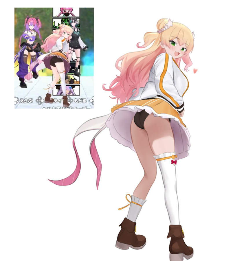 blonde_hair, blush, breasts, d5y0m, double_bun, flower, gradient_hair, green_eyes