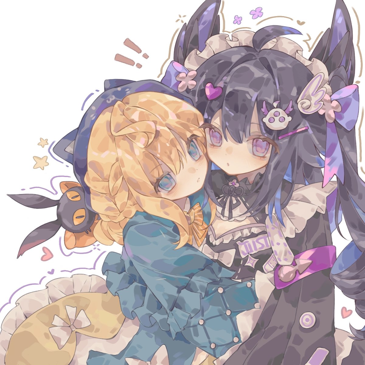 !, !!, 2girls, ahoge, animal_hat, black_hair, blonde_hair, blue_eyes, cat_hat, enna_alouette, enna_alouette_(maid), hair_between_eyes, hashtag-only_commentary, hat, head_wings, highres, hug, kawaue7, looking_at_viewer, lucie_(millie_parfait), millie_parfait, millie_parfait_(4th_costume), multiple_girls, nijisanji, nijisanji_en, parted_lips, simple_background, violet_eyes, virtual_youtuber, white_background, wings
