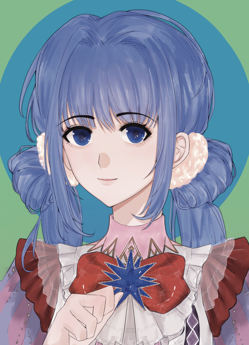 1girl, absurdres, blue_background, blue_eyes, blue_hair, bow, bowtie, brooch