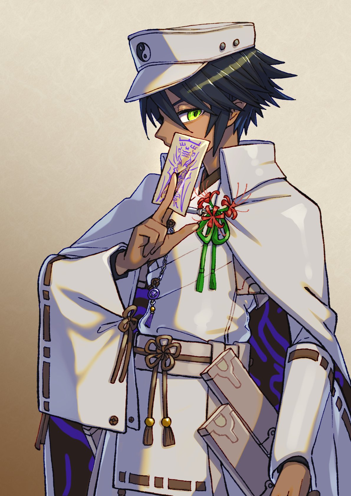 1boy, aomi6297, black_hair, cape, dark-skinned_male, dark_skin, green_eyes, hair_between_eyes