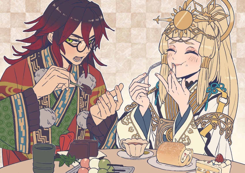 1boy, 1girl, aomi6297, blonde_hair, blunt_bangs, cup, highres, japanese_clothes